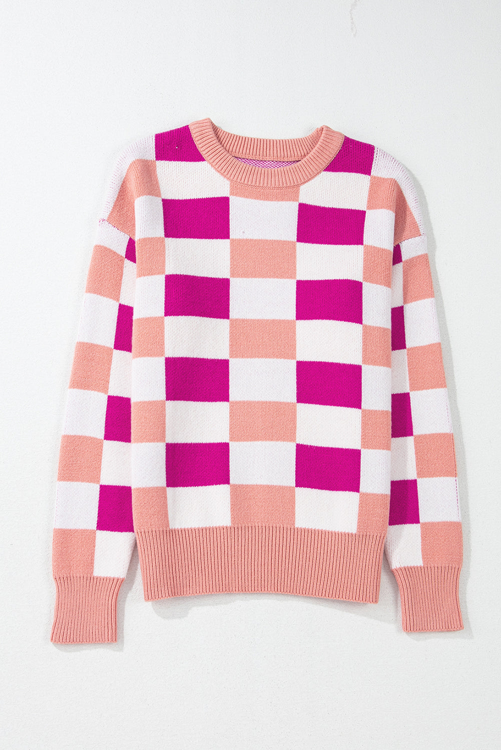 Checkered Ribbed Edge O Neck Drop Shoulder Sweater | Pink