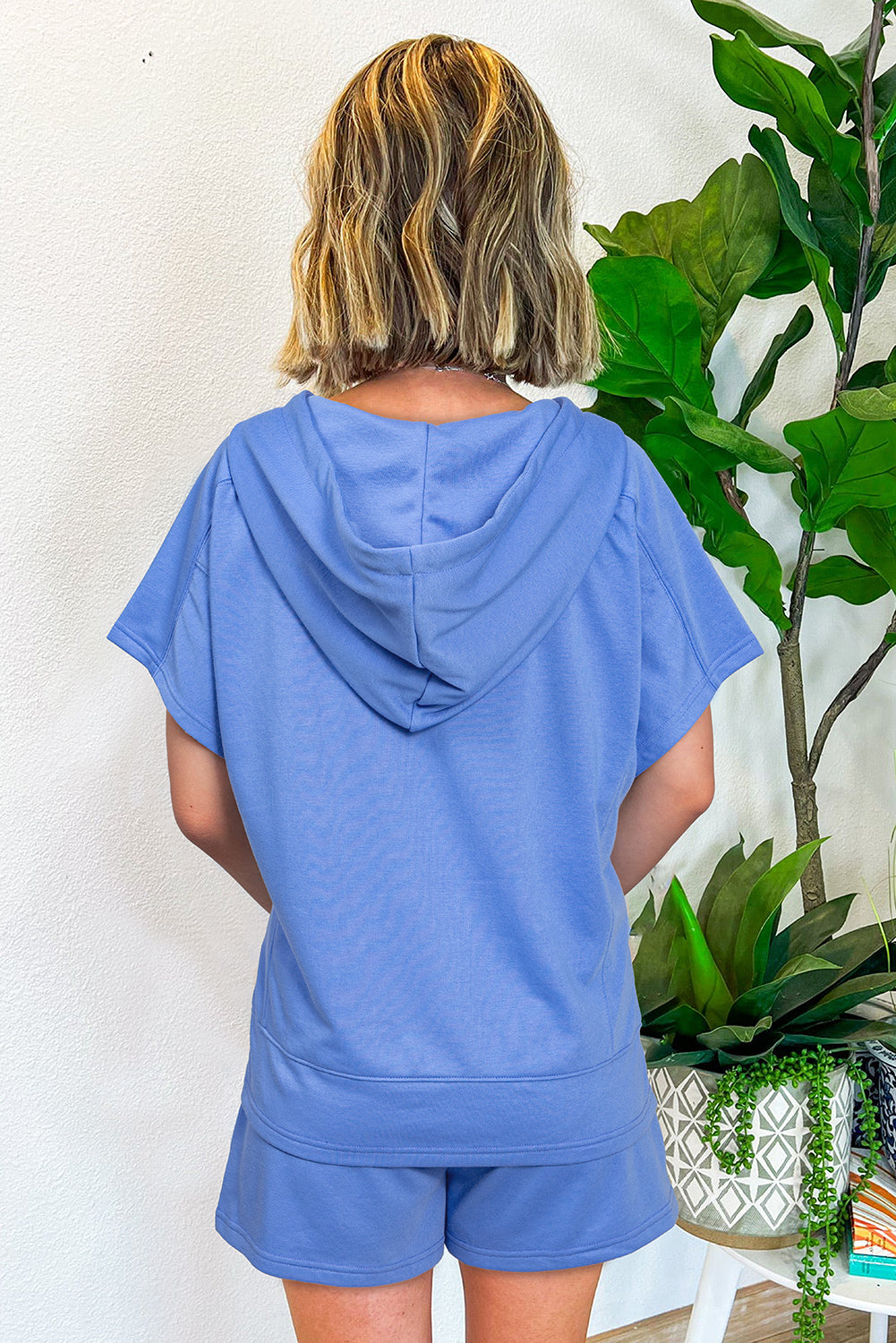 Casual Zipped Short Sleeve Hoodie And Shorts Set | Sky Blue