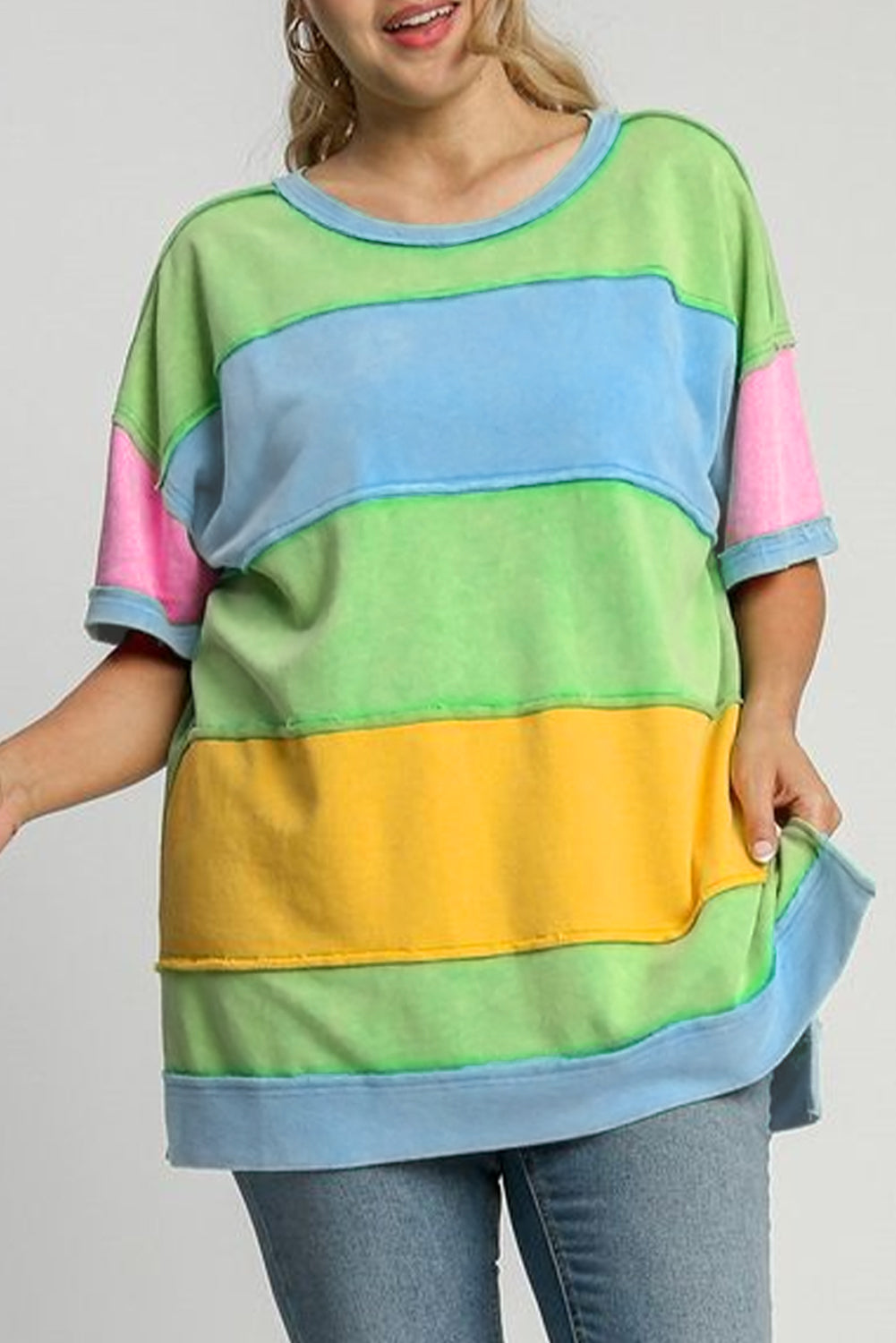 Colour Block Exposed Seam Patchwork Plus Size T Shirt | Light Blue