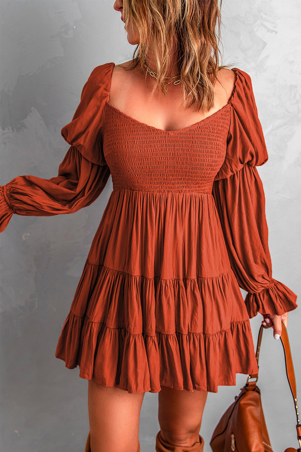 Boho Solid Shirred Ruffle Mini Dress | Brown