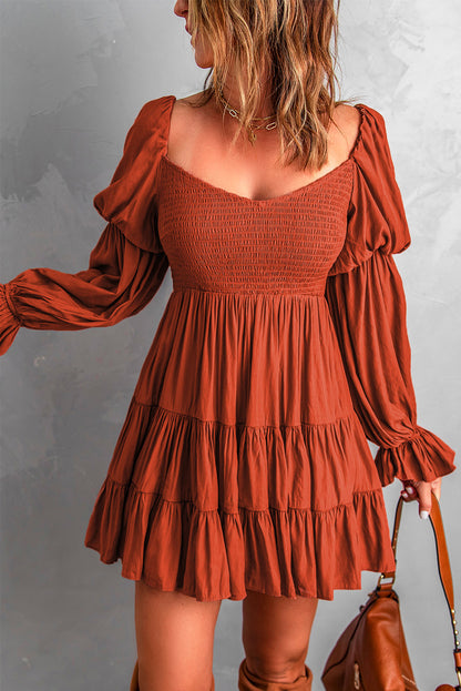 Boho Solid Shirred Ruffle Mini Dress | Brown