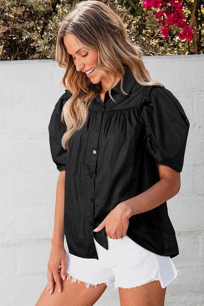 Crisp Puff Sleeve Loose Shirt | Black