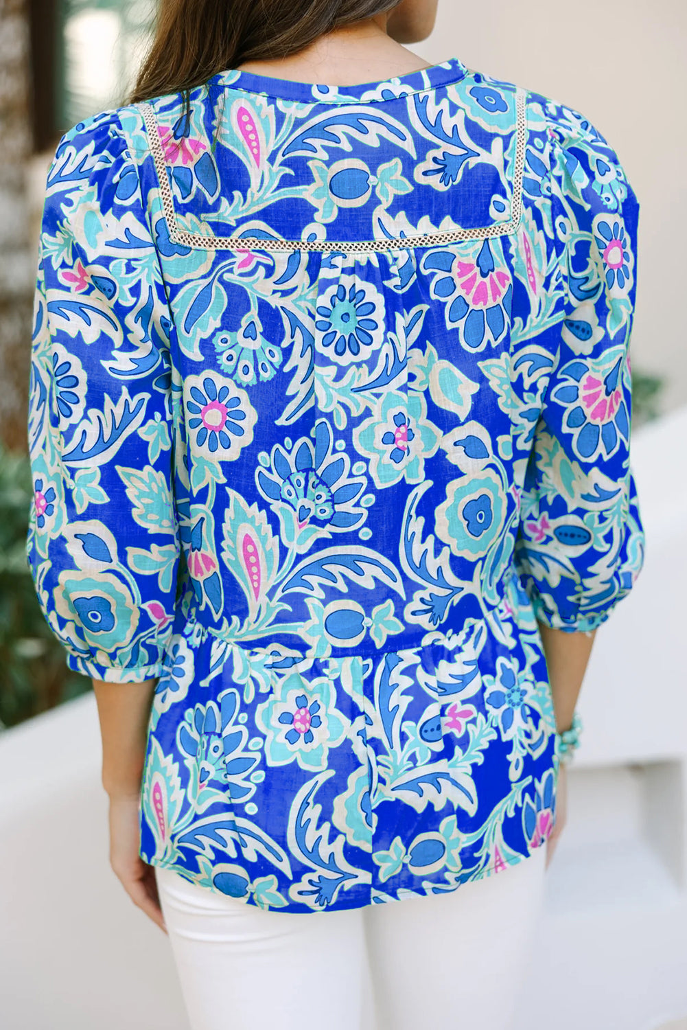 Mix Floral Printed Lace Detail Bracelet Sleeve Blouse | Blue