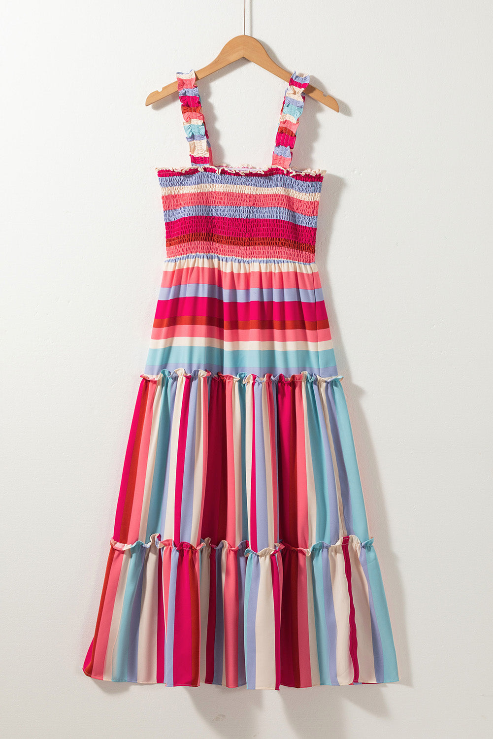 Ruffled Straps Smocked Tiered Long Dress | Red Stripe