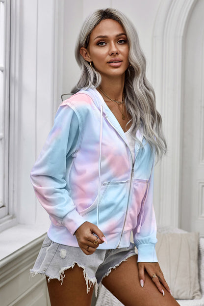 Tie-Dye Pocket Zip Up Hoodie | Sky Blue