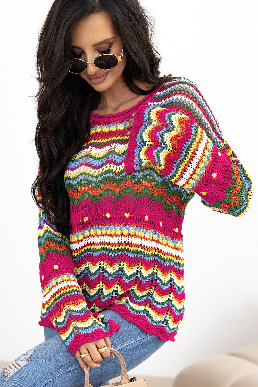 Colourblock Striped Hollowed Knit Loose Sleeve Sweater | Rose Red