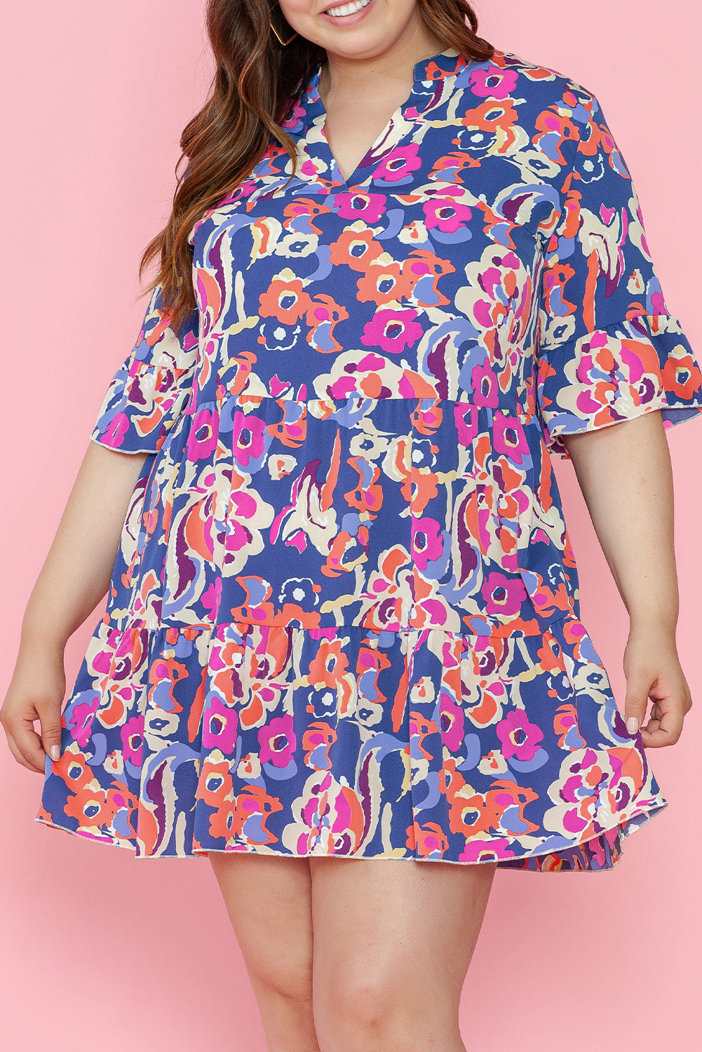 Plus Size Floral Print Ruffled 3/4 Sleeve Mini Dress | Blue