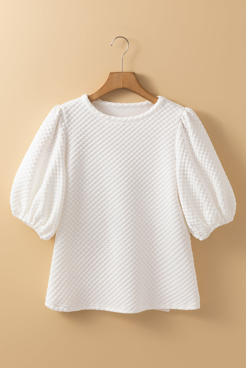 Solid Textured O Neck Puff Sleeve Blouse | White