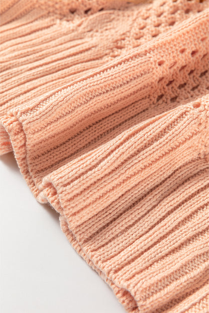 Hollowed Knit 3/4 Dolman Sleeve Buttoned Collared Sweater | Apricot Pink