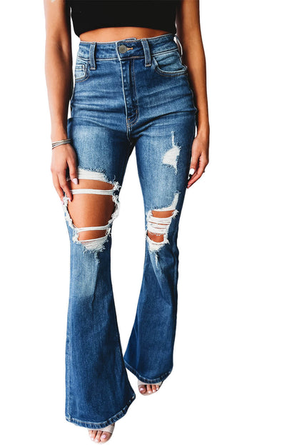 High Waist Distressed Cutout Flare Leg Jeans | Blue