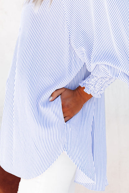 Smocked Cuffed Striped Boyfriend Shirt With Pocket | Sky Blue