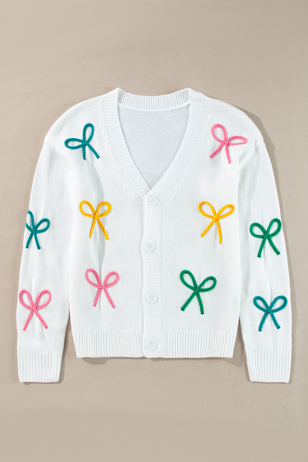 Bowknot Drop Shoulder Knitted Button Up Cardigan | White