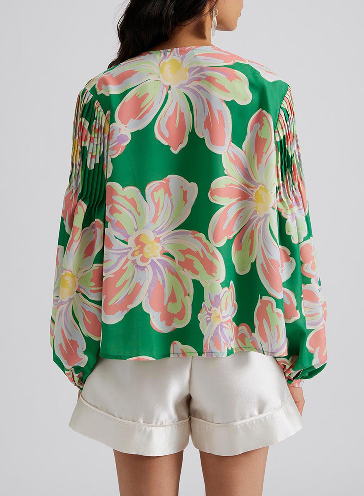 Floral Print Button Up Pleated Puff Sleeve Loose Shirt | Green