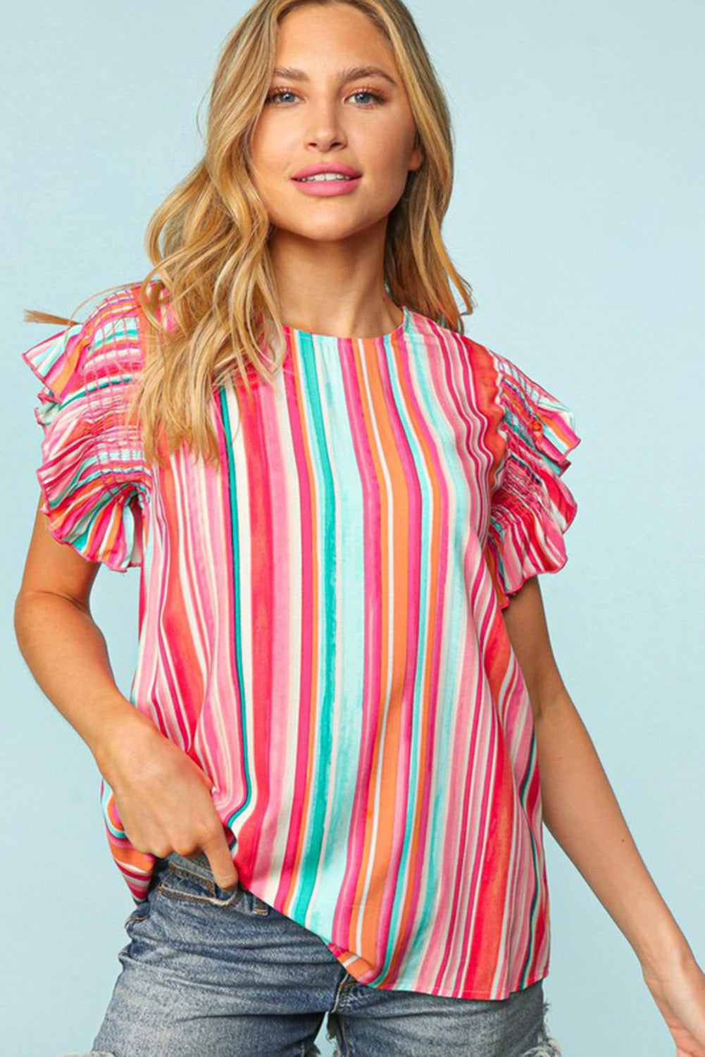 Abstract Print Stitching Ruffle Sleeve Blouse | Stripe