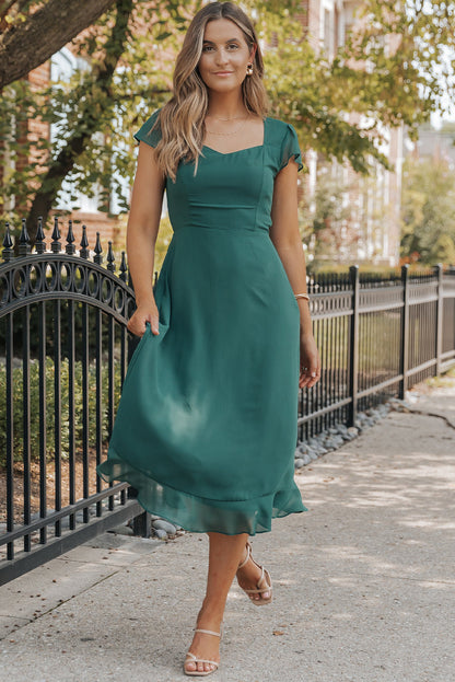 Shirred Open Back Sweetheart Neck Ruffled Midi Dress | Sea Green