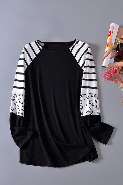 Striped Animal Print Colourblock Long Sleeve Top | Black