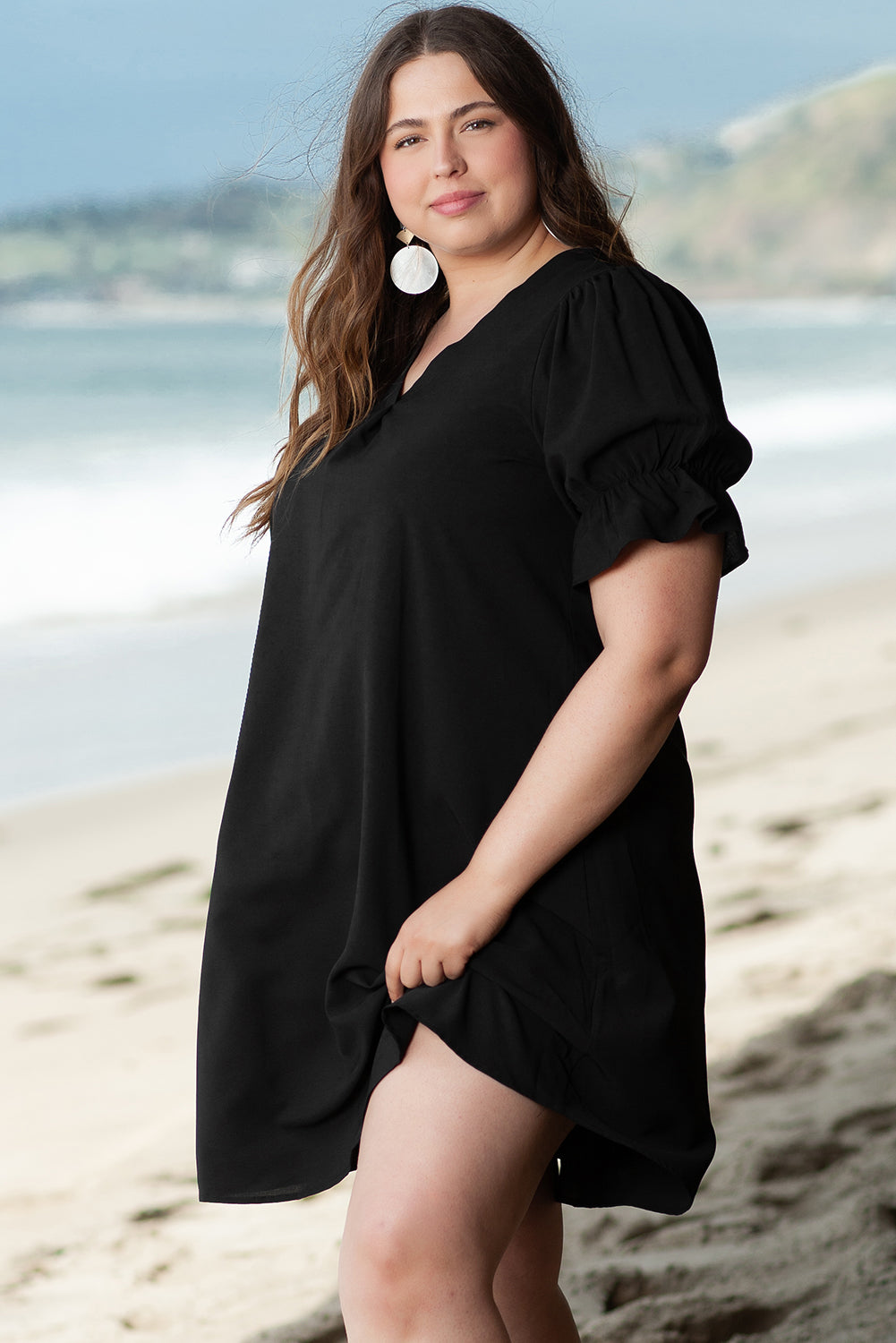 Solid Ruffled Puff Sleeve V Neck Plus Size Mini Dress | Black