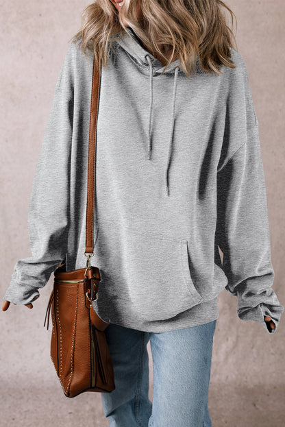 Fleece Lined Kangaroo Pocket Drawstring Chunky Hoodie | Light Grey