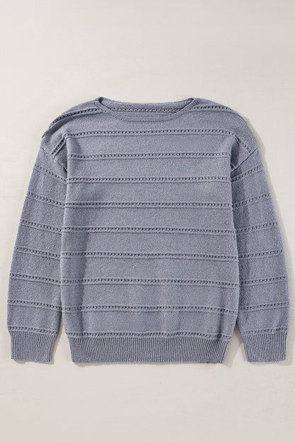 Boat Neck Drop Shoulder Pointelle Knit Sweater | Light Grey