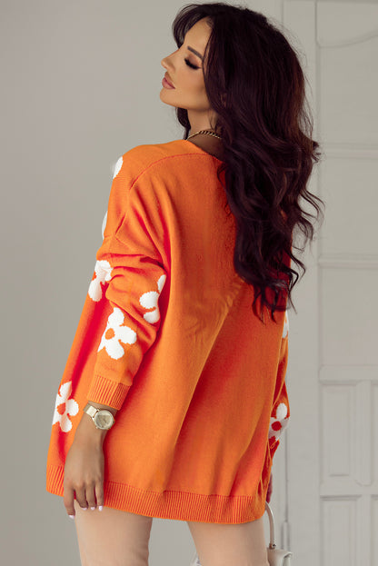 Floral Print Knitted Open Front Loose Cardigan | Orange