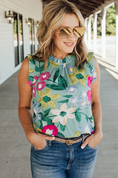 Floral Print Ruffle Trim Tank Top | Green