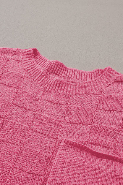 Lattice Textured Knit Short Sleeve Sweater | Bright Pink