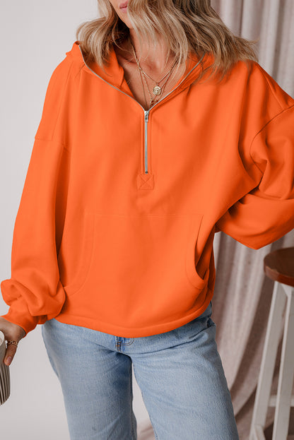 Fleece Lined Half Zipper Kangaroo Pockets Loose Hoodie | Orange