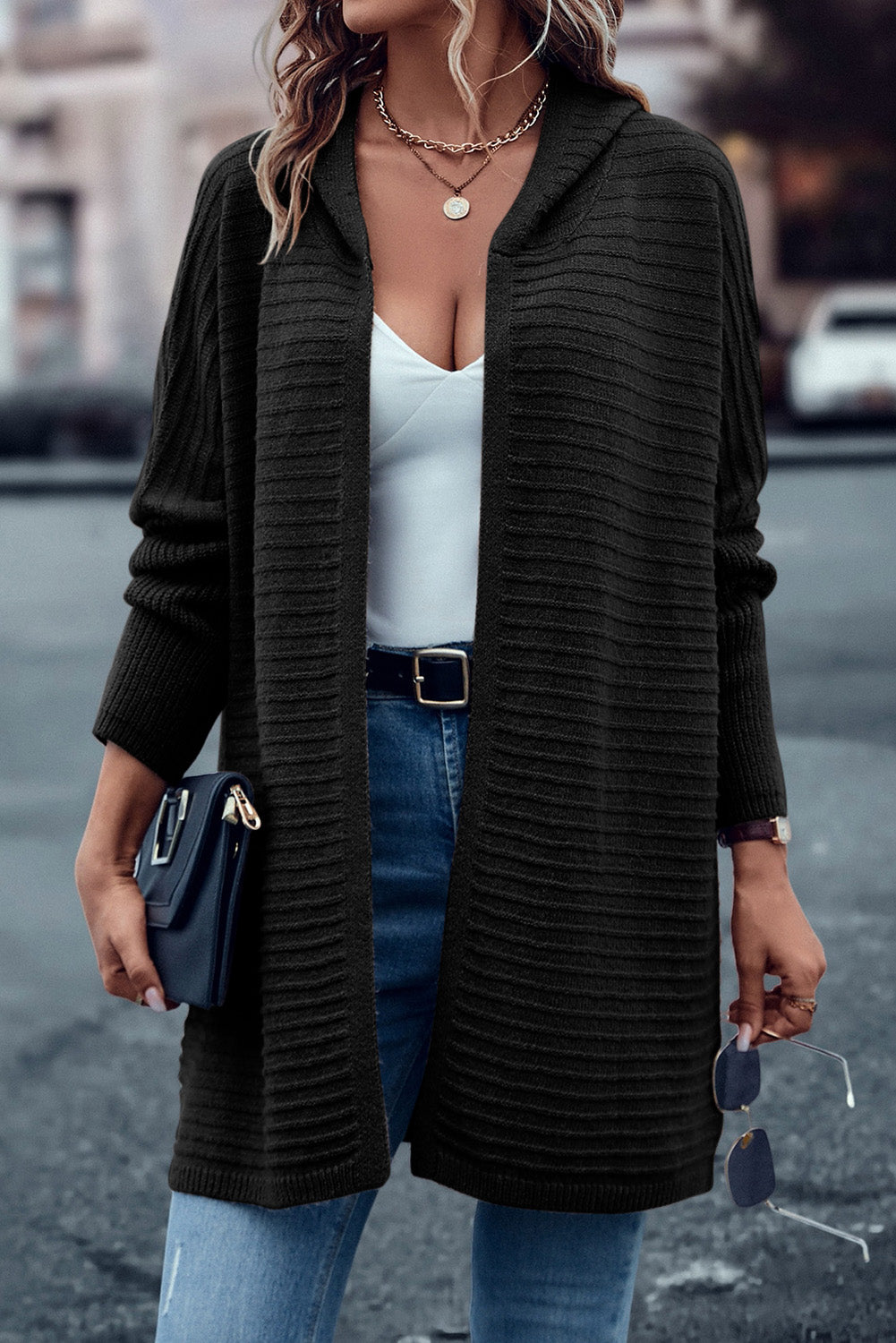 Black Horizontal Rib Knitted Open Front Hooded Cardigan