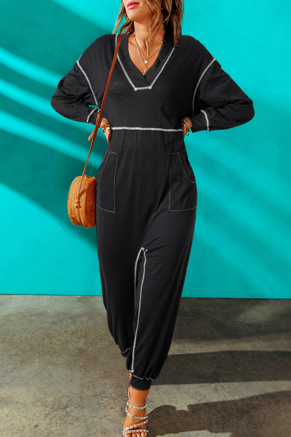 Flatlock Seam Detail V Neck Baggy Jumpsuit | Black