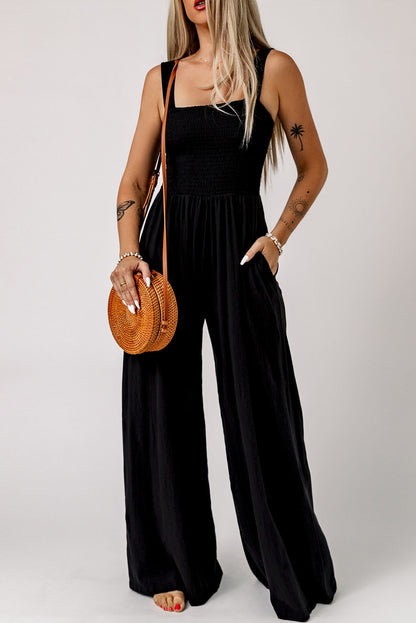 Smocked Sleeveless Wide Leg Jumpsuit With Pockets | Black