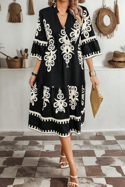 Western Geometric Print 3/4 Sleeve Loose Midi Dress | Black