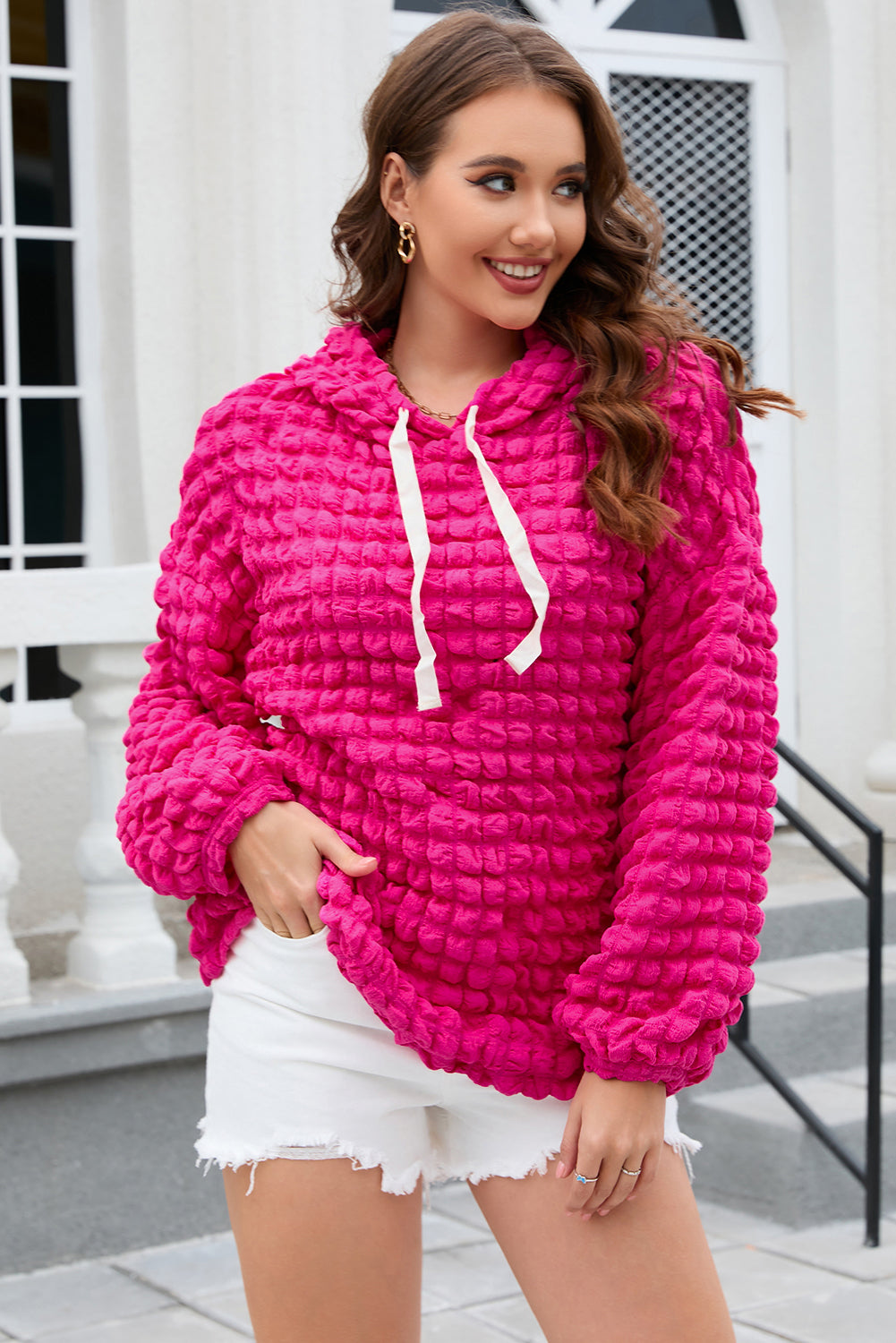 Bubble Textured Waffle Hoodie | Rose