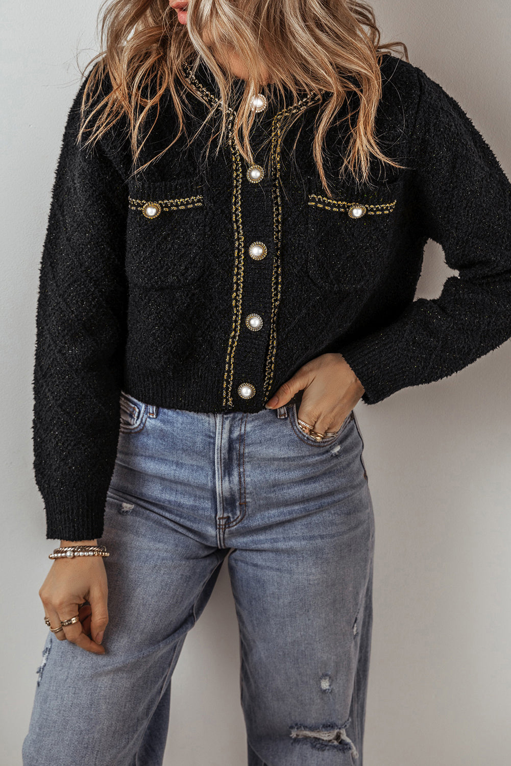 Black Shimmer Flap Pocket Button up Cardigan