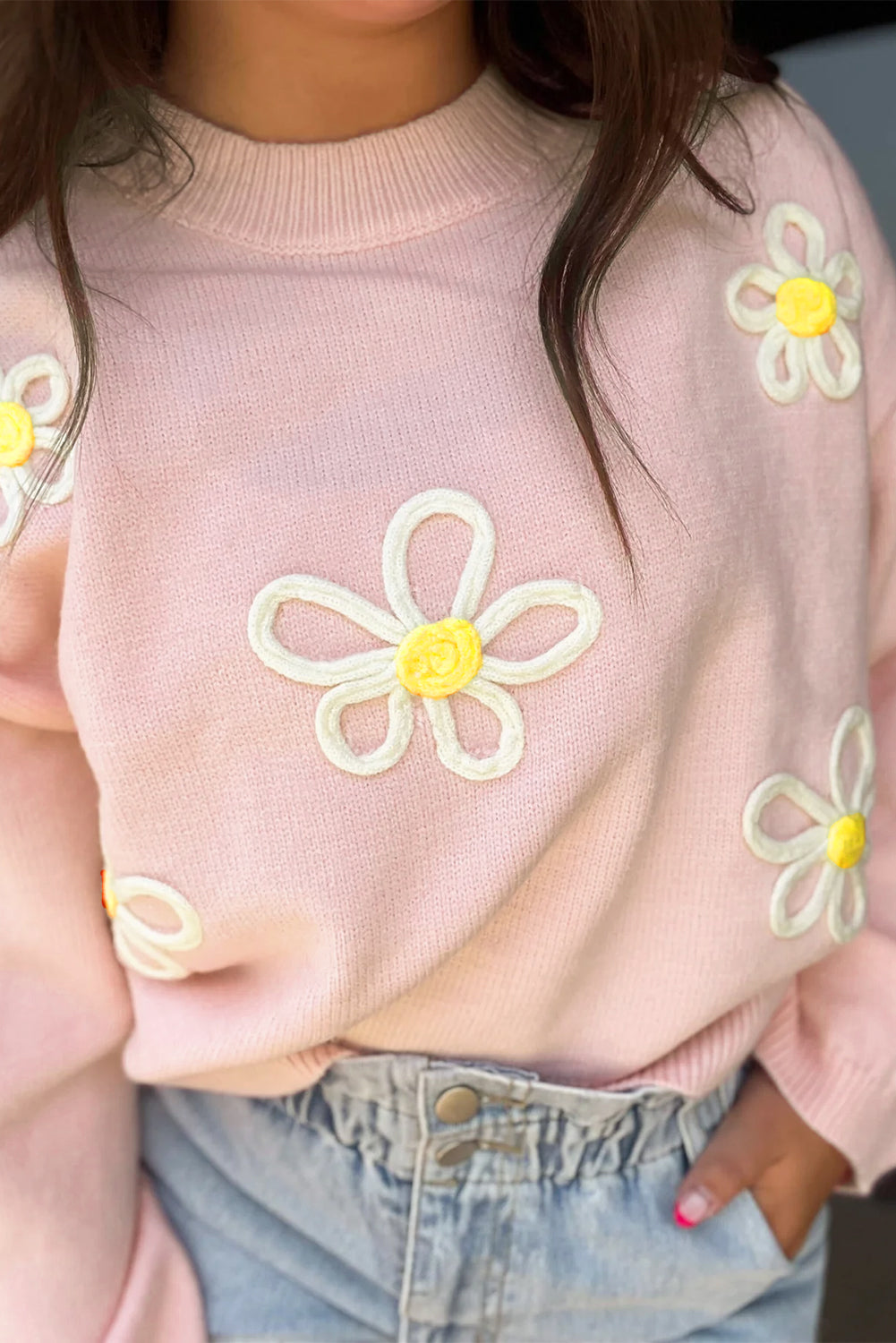 Chenille Daisy Stitching Crew Neck Sweater | Pink