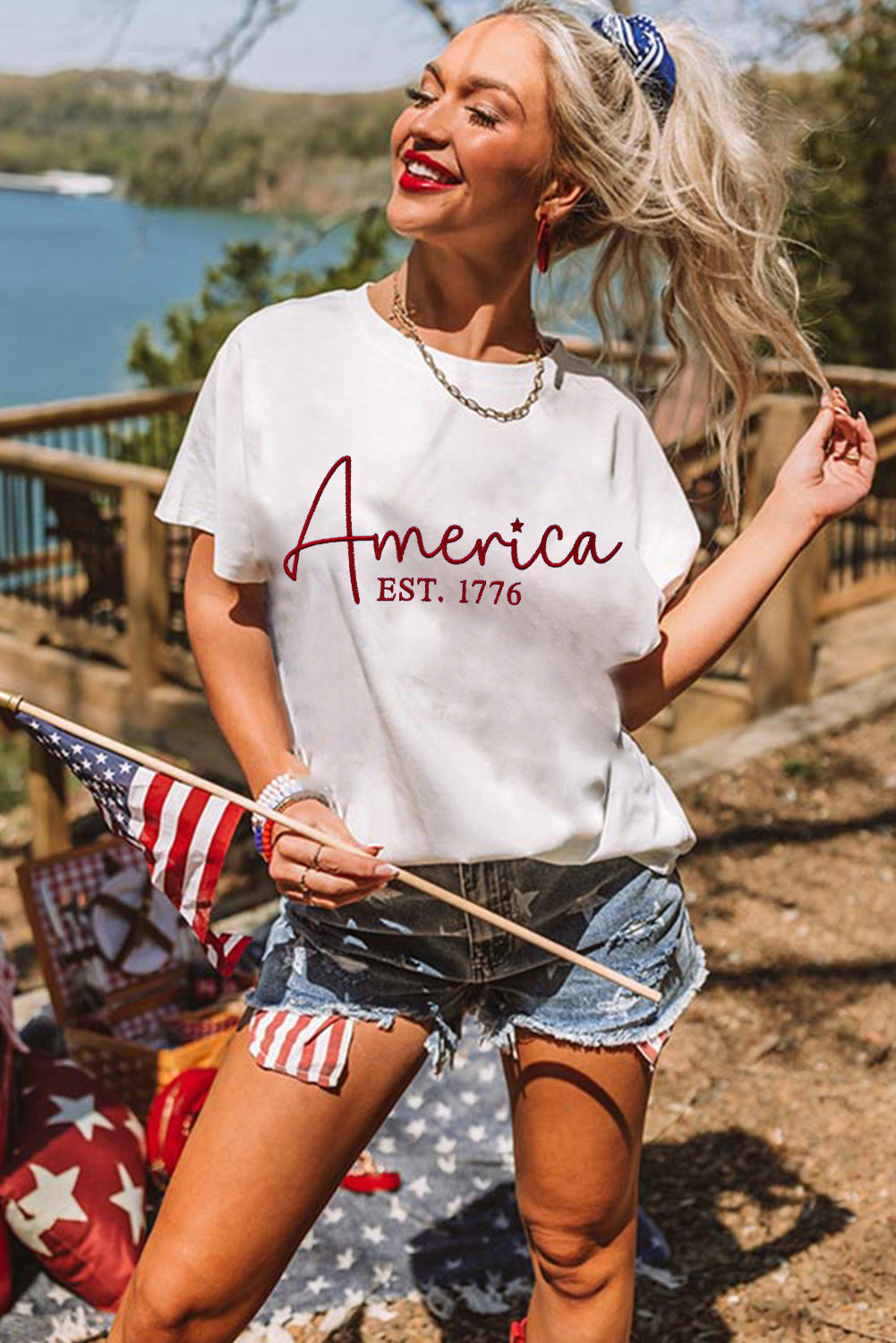 America Est.1776 Embroidered Graphic Tee | White