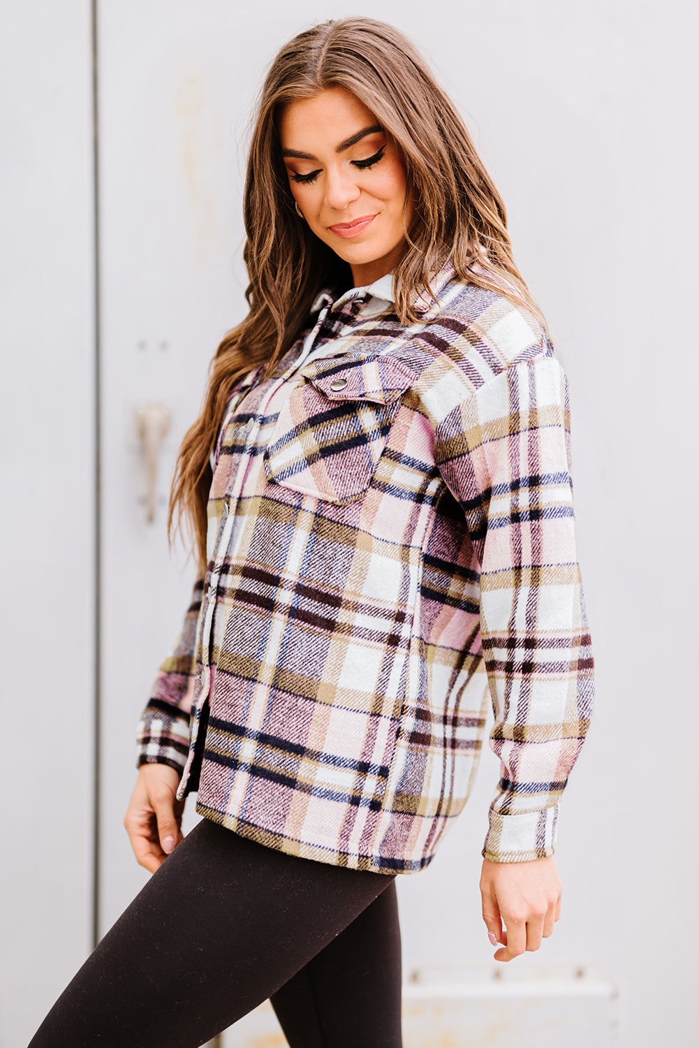 Geometric Plaid Print Pocketed Shacket | Pink