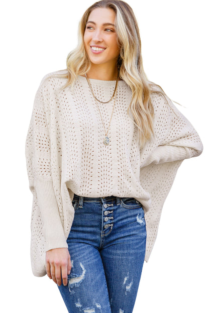 Ribbed Hollow Knit Dolman Sleeve Sweater | Beige