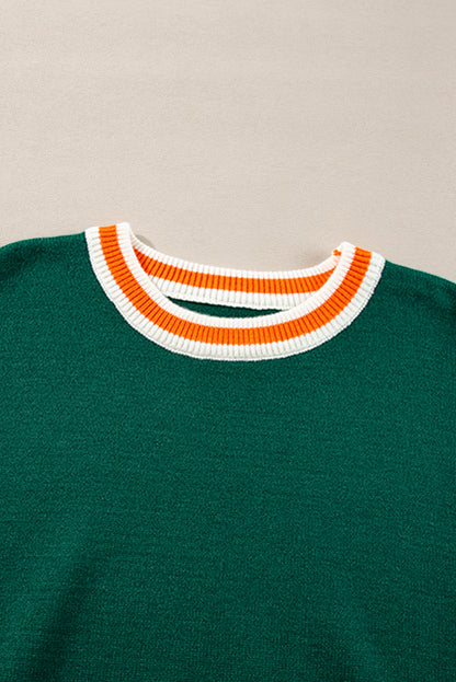 Colourblock Striped Trim Drop Shoulder Sweater | Blackish Green