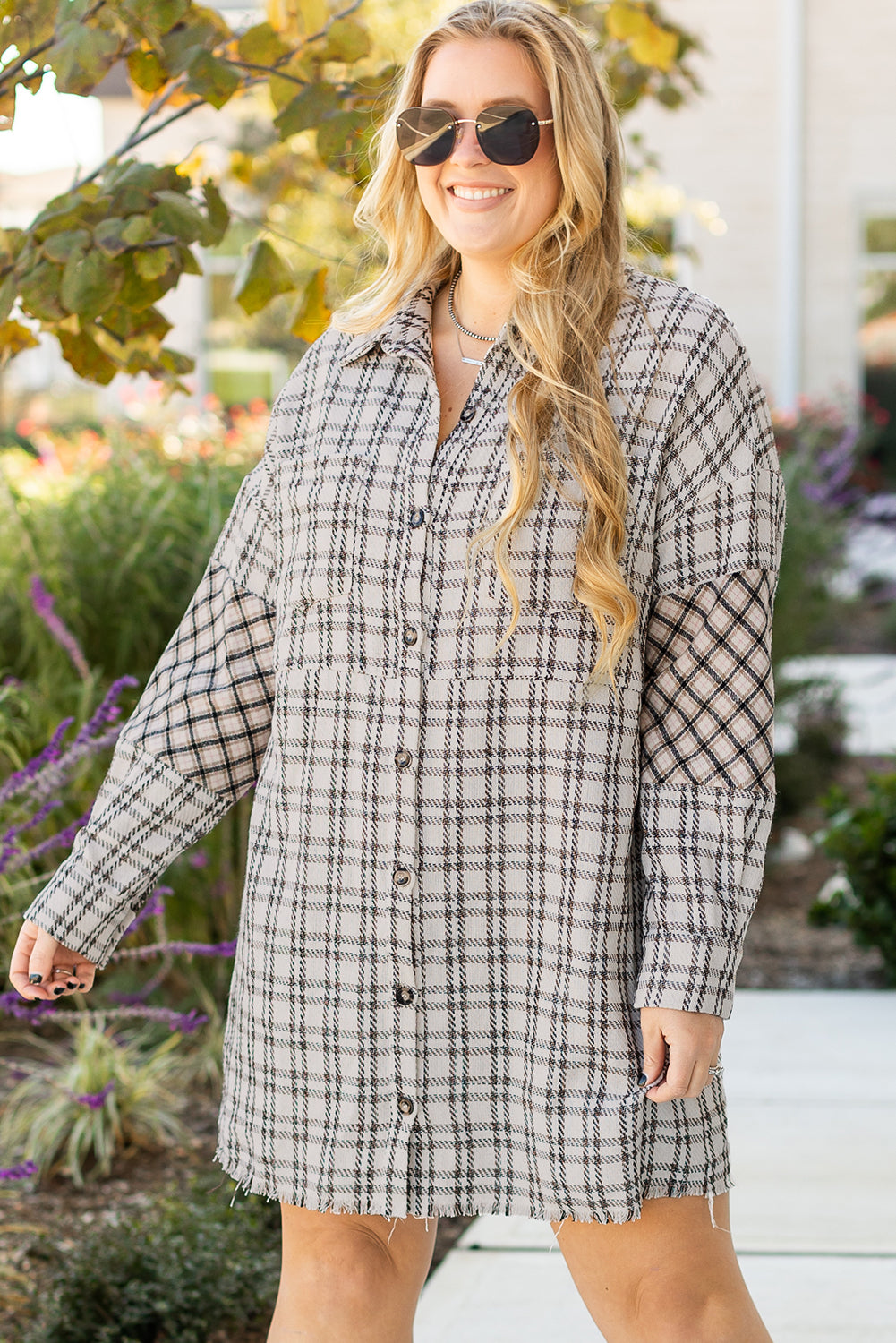 Plus Size Plaid Buttoned Raw Hem Tunic Shirt Dress | White Stripe