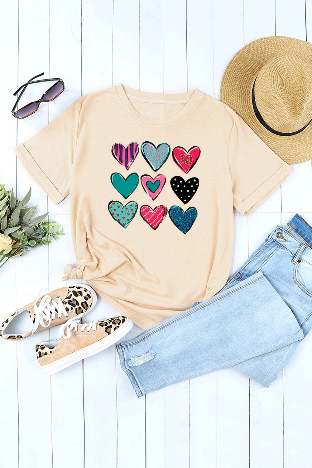 Valentines Multi Pattern Heart Shape Graphic T Shirt | Khaki