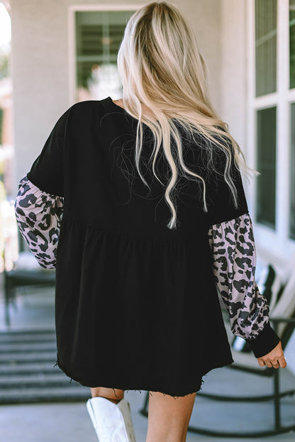 Leopard Splicing Sleeve Ruffle Loose Sweatshirt | Black