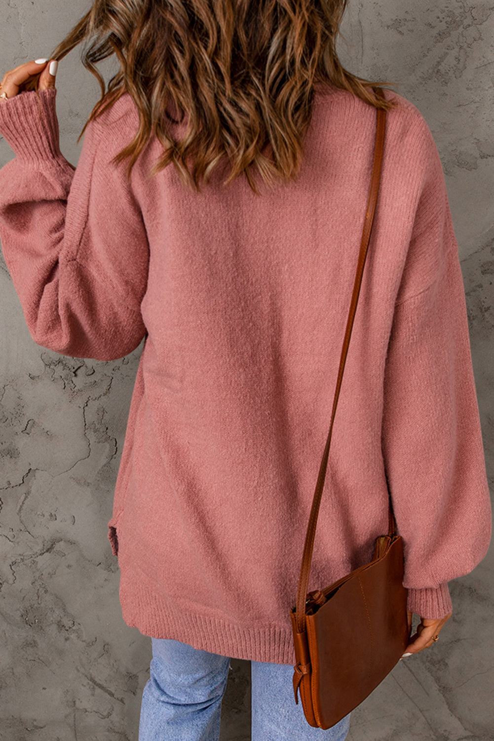 Solid Colour Puffy Sleeve Pocketed Sweater | Red