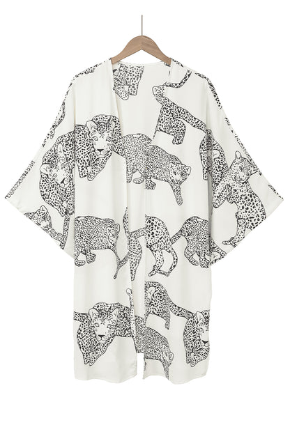 Cheetah Print Loose Fit Open Front Kimono | White