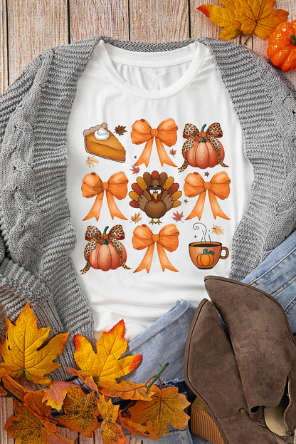 Turkey Coquette Bow Pumpkin Thanksgiving T-Shirt | White