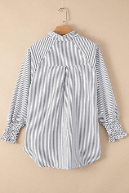 Smocked Cuffed Striped Boyfriend Shirt With Pocket | Black