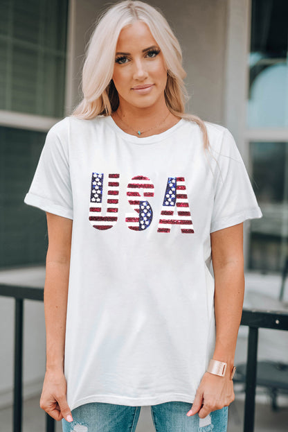 Usa Flag Sequin Patched Round Neck T Shirt | White