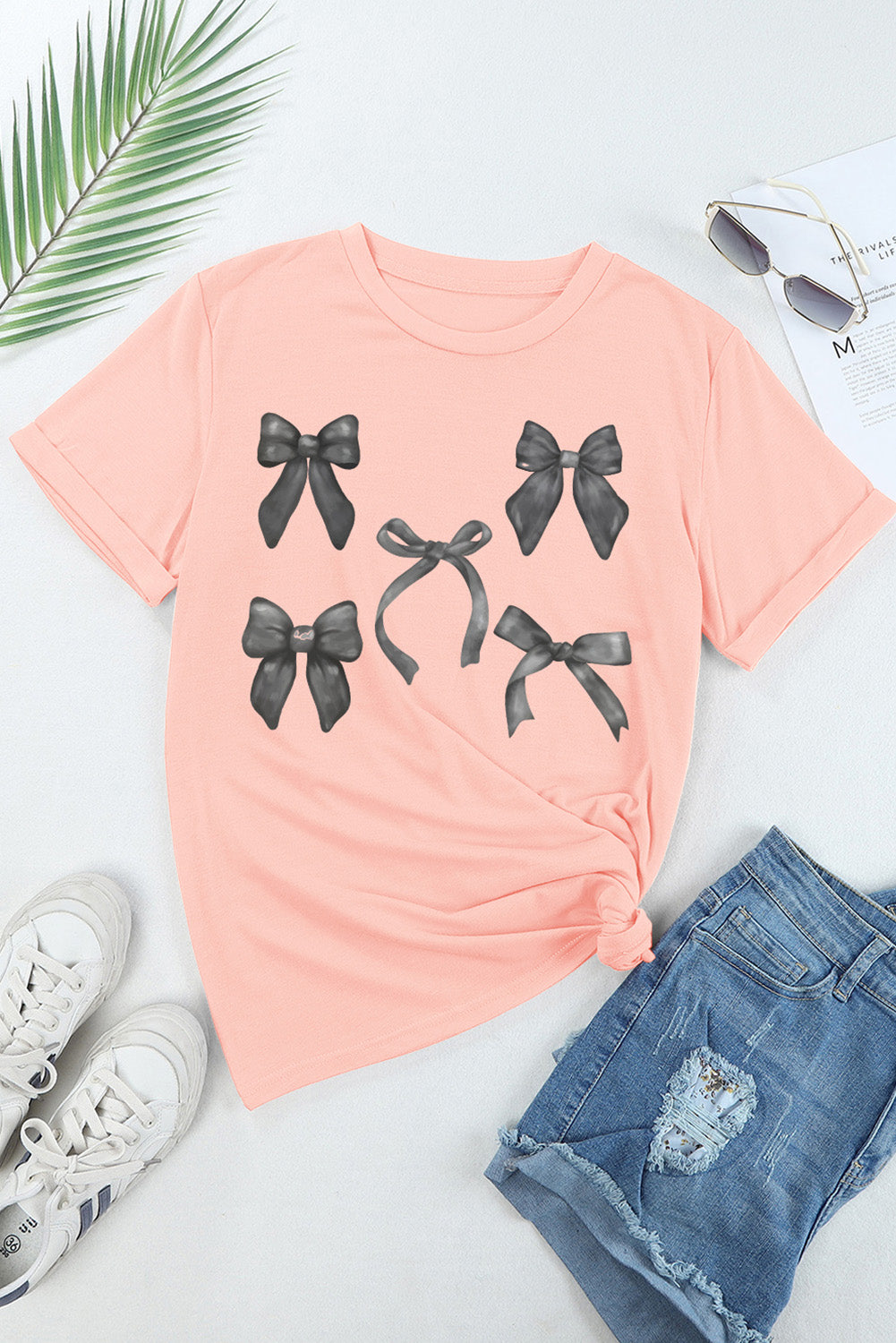 Bow Knots Print Slim Fit Crew Neck T Shirt | Pink