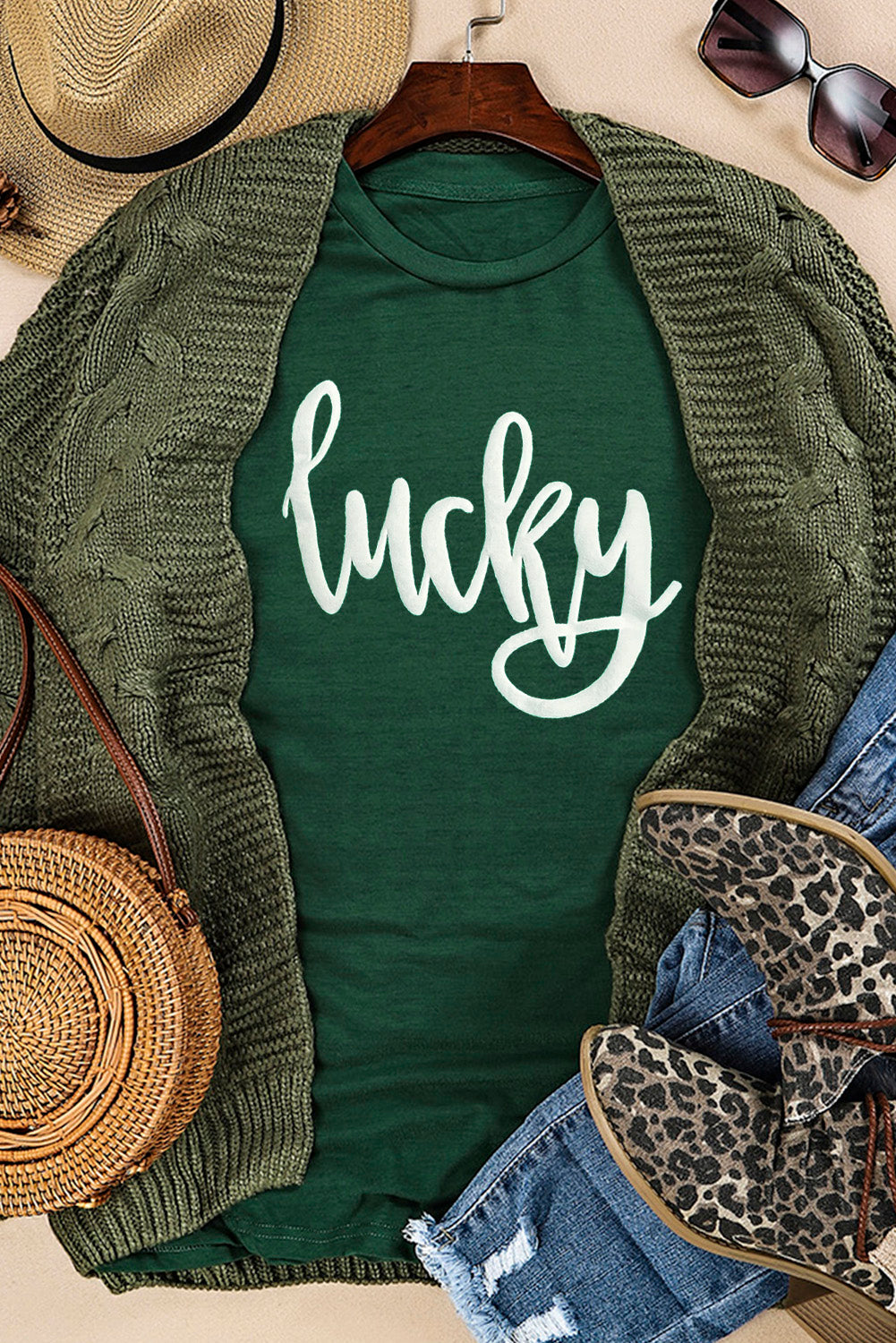 St. Patricks Lucky Puff Print Round Neck Casual Tee | Green