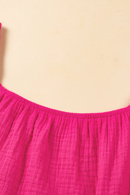 Crinkled Textured Square Neck Puff Sleeve And Shorts Set | Bright Pink