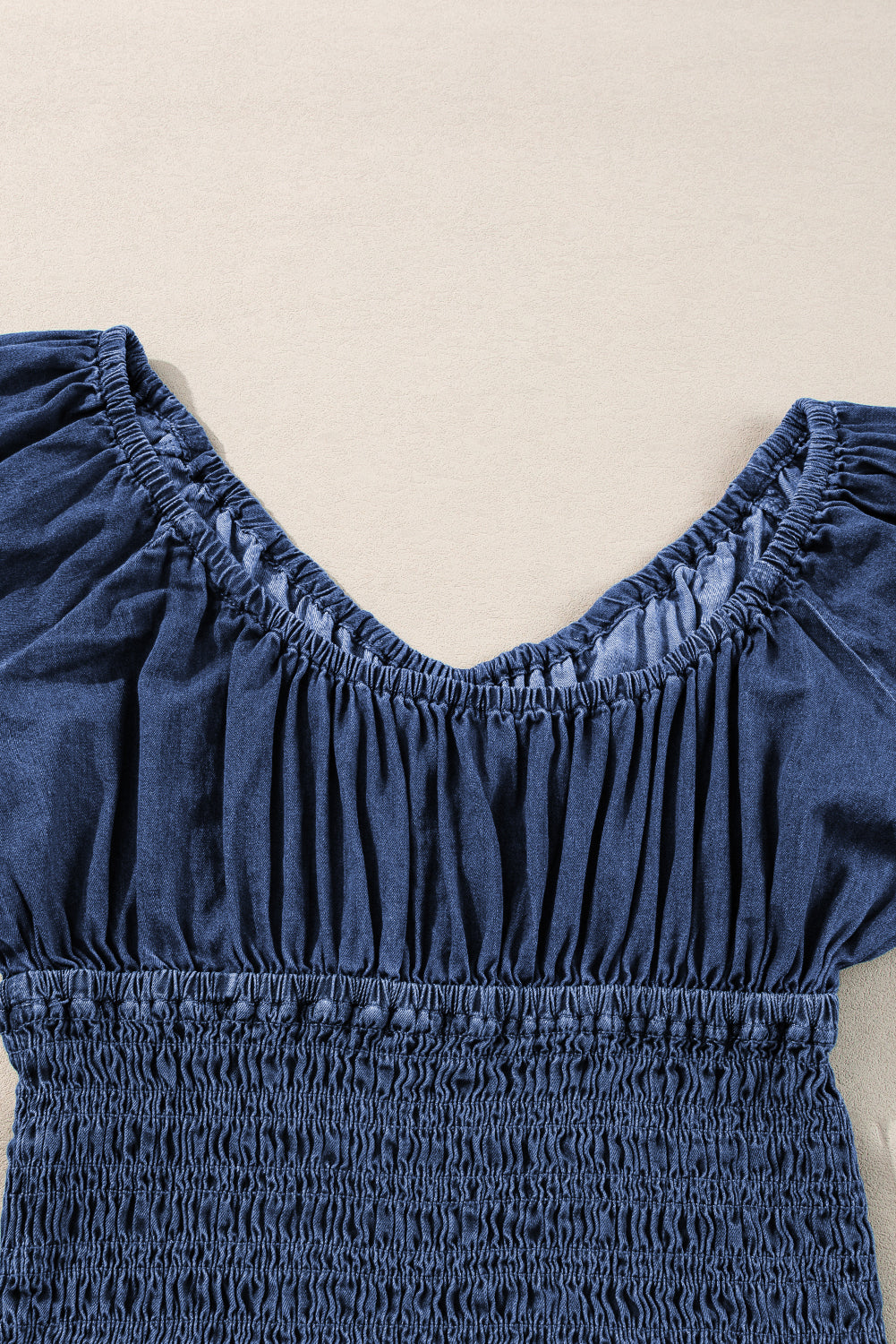 Smocked Ruffled Puff Sleeve V Neck Denim Blouse | Dark Blue